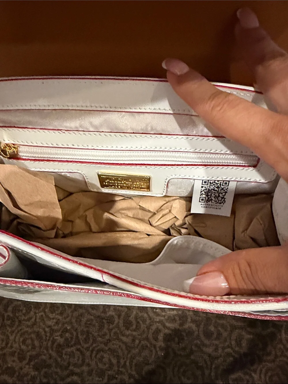 Arcadia White Patent Satchel with Tan Top Handle and Gold Hardware